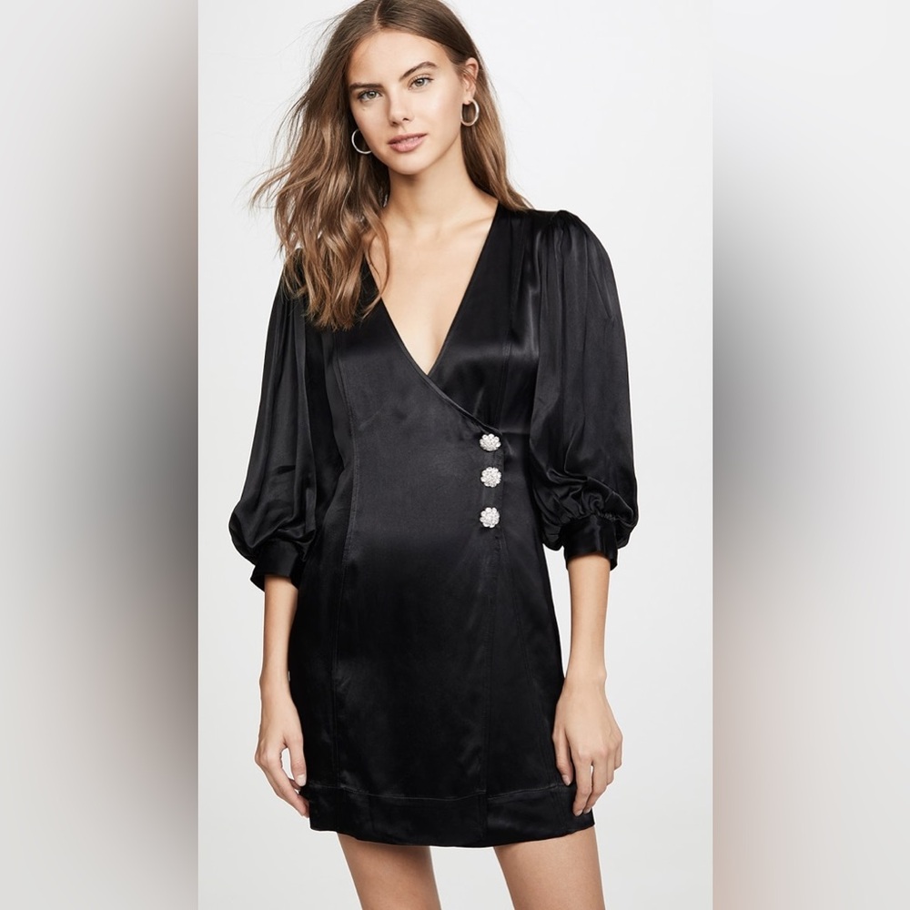 GANNI Crystal-Embellished Black Satin Mini Wrap Dress, Size FR 32